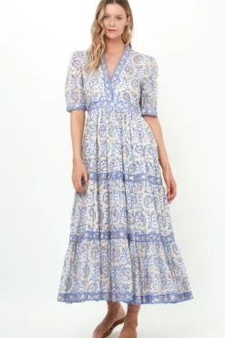 Sale V-Neck Cuffed Maxi- Marseille Blue Maxis|Dresses