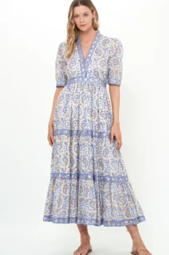 Sale V-Neck Cuffed Maxi- Marseille Blue Maxis|Dresses