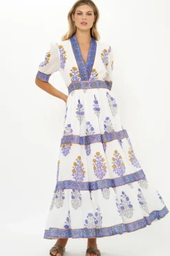 Clearance V-Neck Cuffed Maxi- Napa Blue Dresses|Maxis