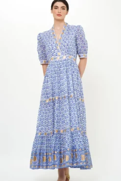 Hot V-Neck Cuffed Maxi- Veranda Blue Maxis|Dresses