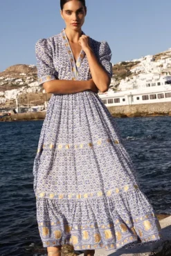 Hot V-Neck Cuffed Maxi- Veranda Blue Maxis|Dresses