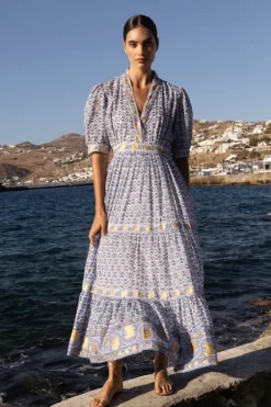 Hot V-Neck Cuffed Maxi- Veranda Blue Maxis|Dresses