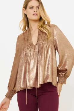 Hot V-Neck Pintuck Blouse- Cairo Gold Tops
