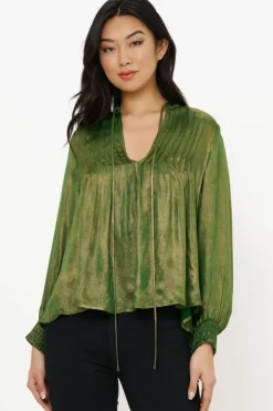 Hot V-Neck Pintuck Blouse- Cairo Green Tops