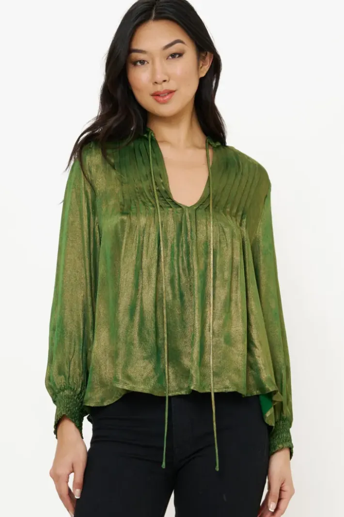 Hot V-Neck Pintuck Blouse- Cairo Green Tops