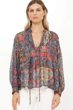 Discount V-Neck Pintuck Blouse- Persia Cobalt Tops