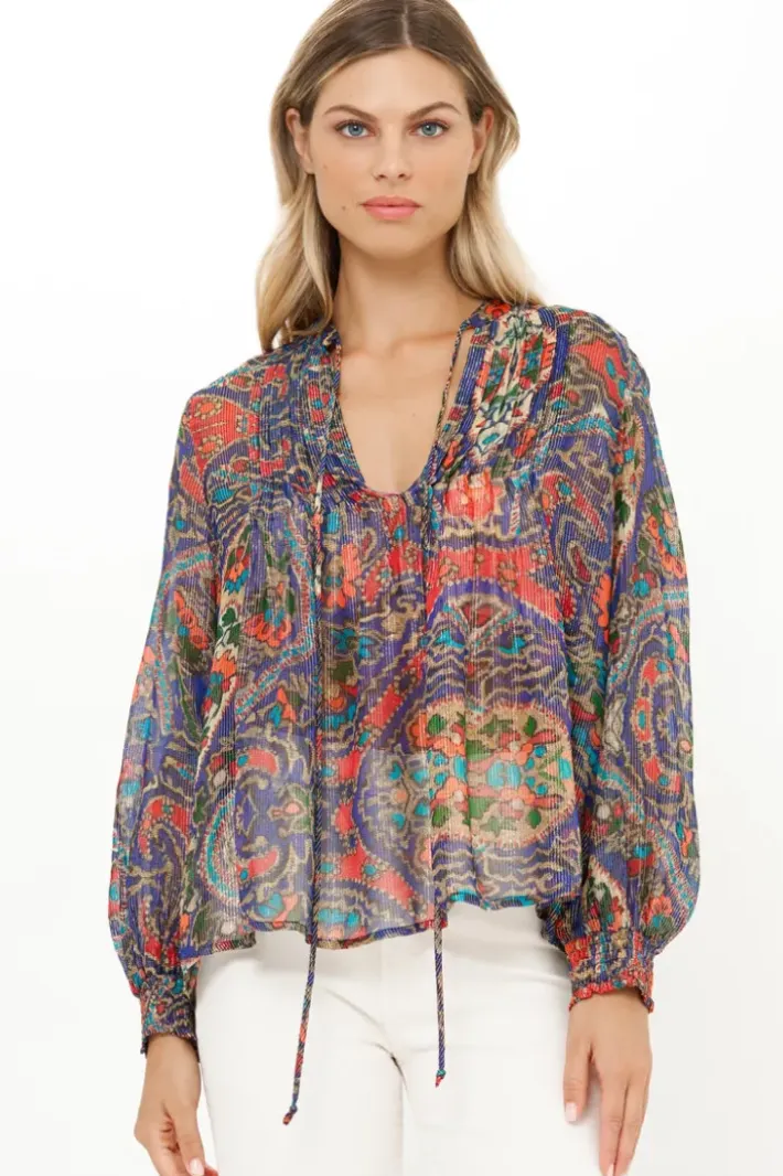 Discount V-Neck Pintuck Blouse- Persia Cobalt Tops