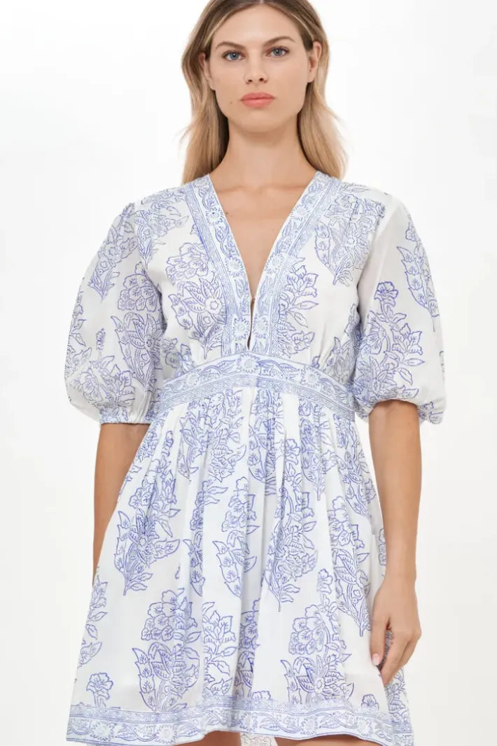 Discount V-Neck Puff Mini- Amadora Blue Short & Mini Dresses|Dresses