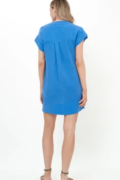 Online V-Neck Roll Sleeve Mini- Bermuda Blue Short & Mini Dresses|Dresses